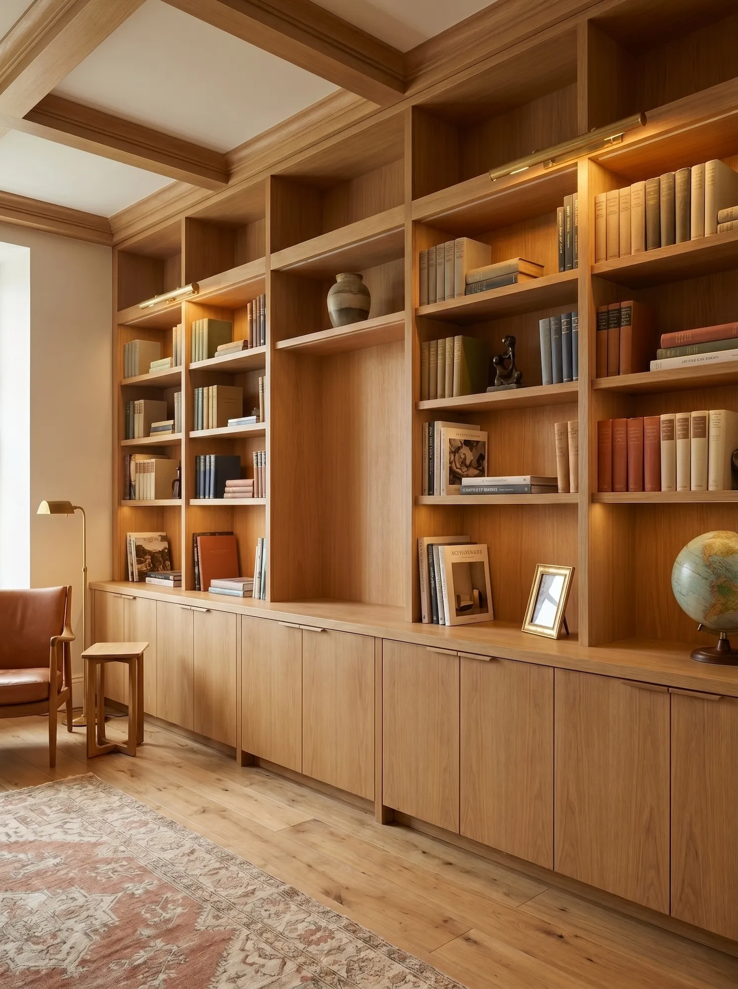 Fitted oak library wall with integrated shelving, lower cabinets, books, and warm architectural lighting